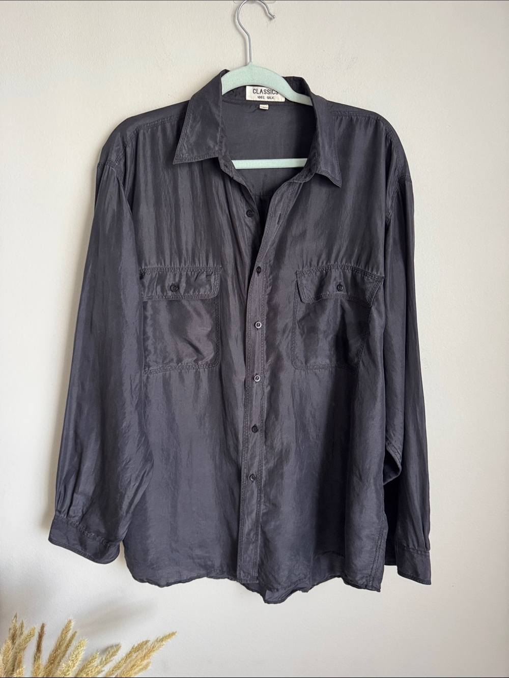 Vintage Classics 100% Silk Oversized Button-Up Shirt Black Large L Minimalist - Picture 3 of 9